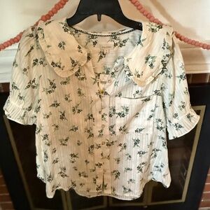 Pilcro The Keira Blouse White with Green Floral Print Top